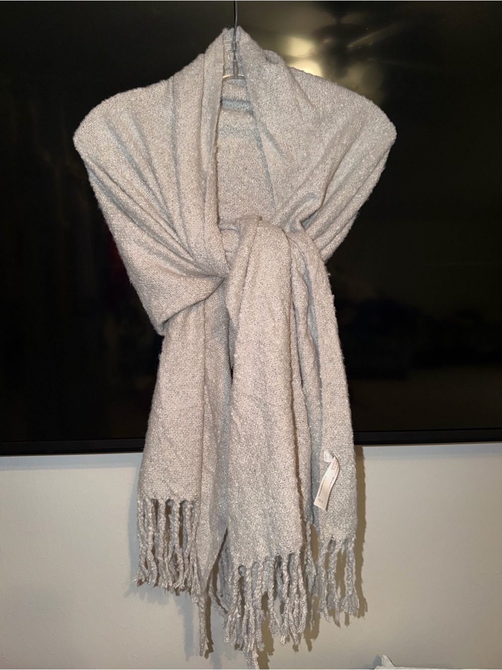 New Light grey knitted shawl scarf with a distinctive fringe detail at the hem.
